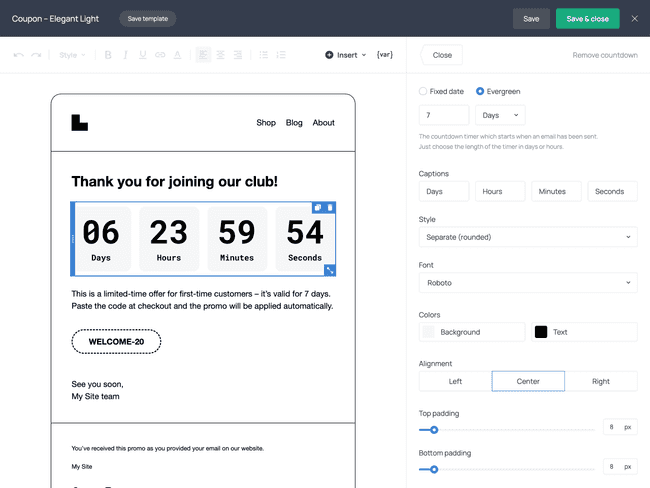 Countdown timer and countdown timer settings