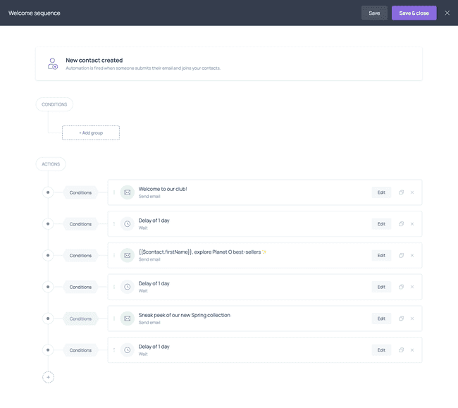 Example of welcome automation created with Getform