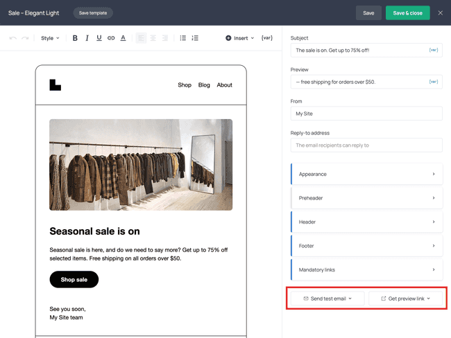The ‘Send test email’ and ‘Get preview link’ buttons in the email editor