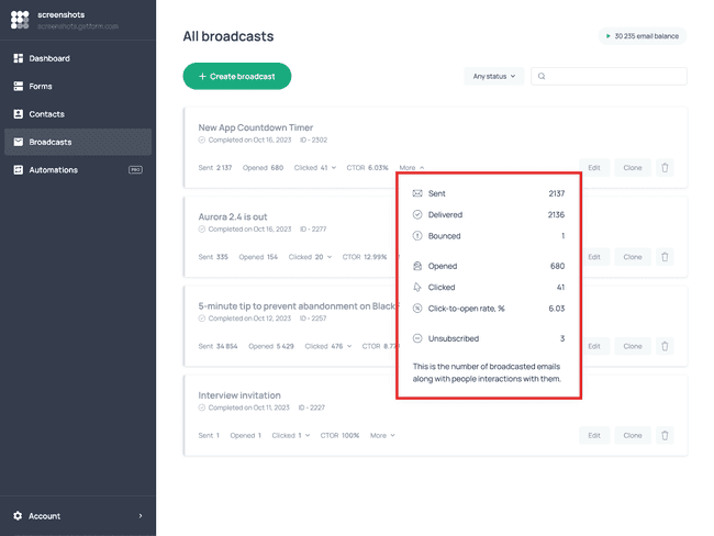 Dropdown with more broadcast statistics