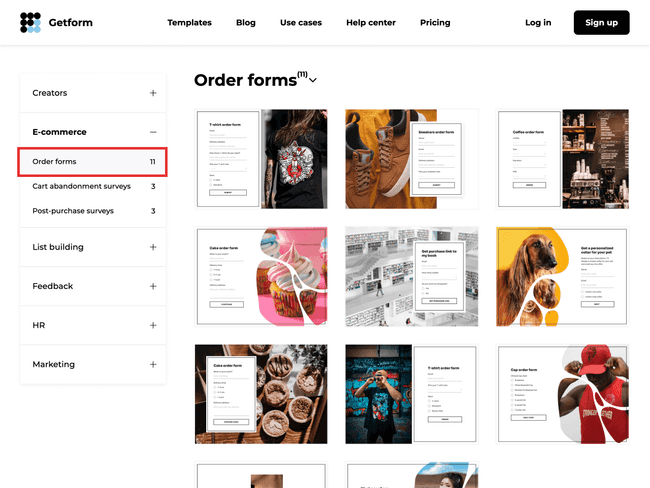 The order forms section of Getform’s template gallery