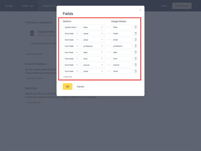 Field mapping in the Integrations tab