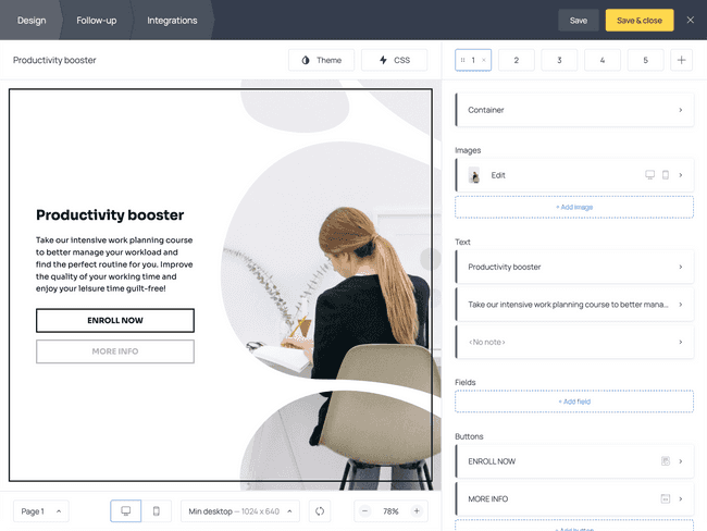 The course enrollment form template in the Getform dashboard