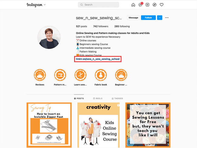 Sew_n_sew_sewing_school Instagram page with link in bio