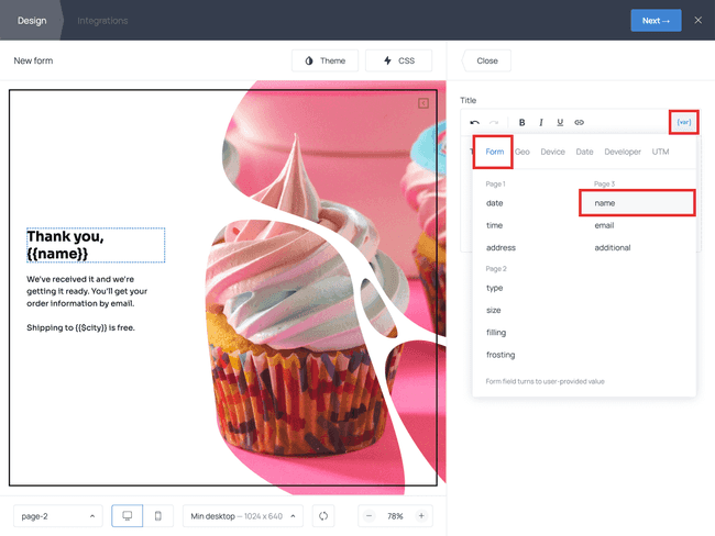 Getform’s variable collected by the form fields