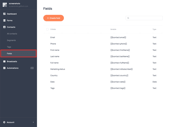 List of contact fields in Getform