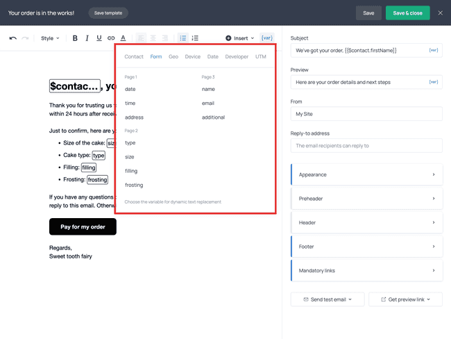 Using DTR to create a personalized order confirmation email