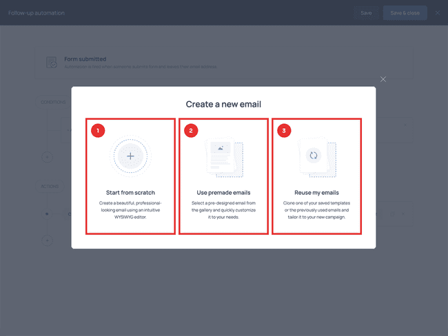 3 options to create an email: ‘Start from scratch’, ‘Use premade emails’, ‘Reuse my emails’