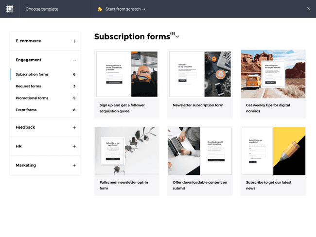 The built-in template gallery in Getform