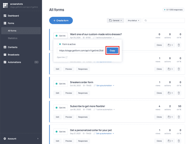 The Get link button in the Forms section of the Getform dashboard