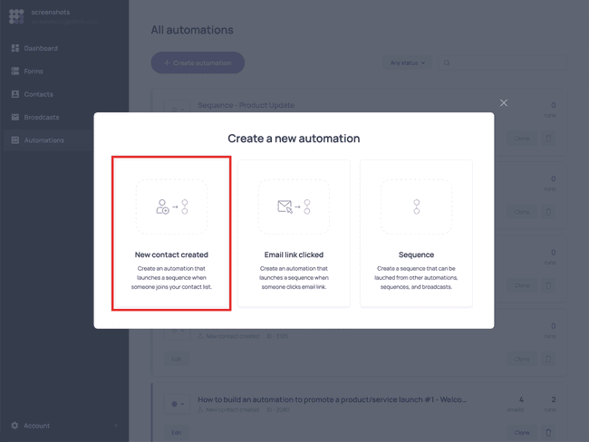 Creating a ‘New contact created’ automation