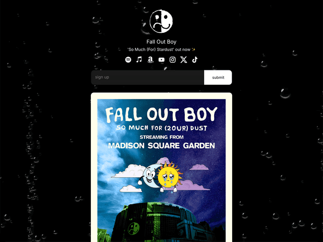 LFall Out Boy’s Instagram landing page created with Beacons