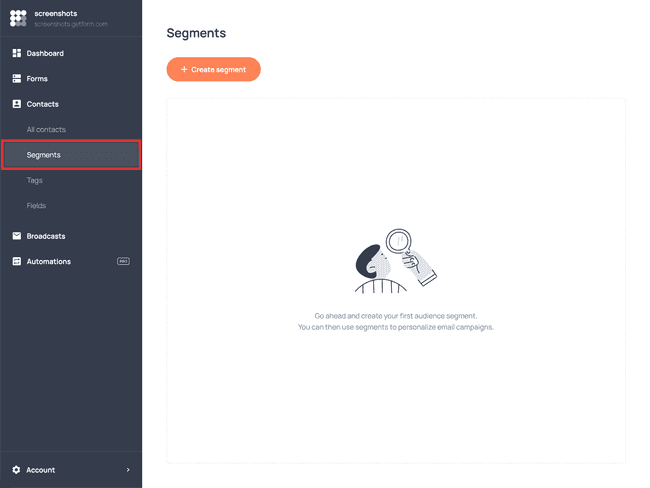 The Segments screen in Getform