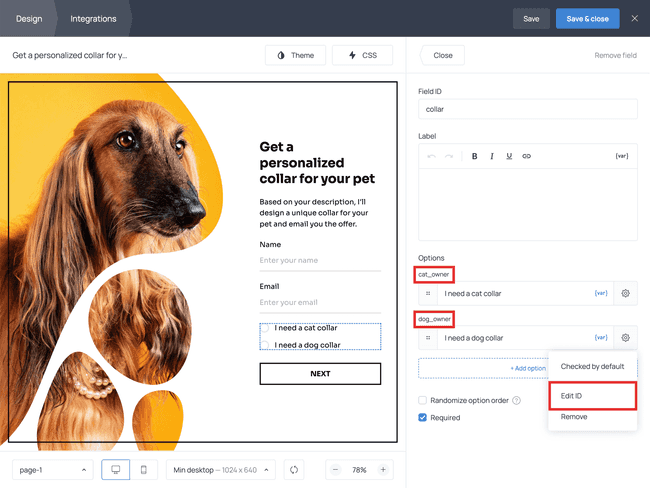 Setting up filed option IDs in Getform